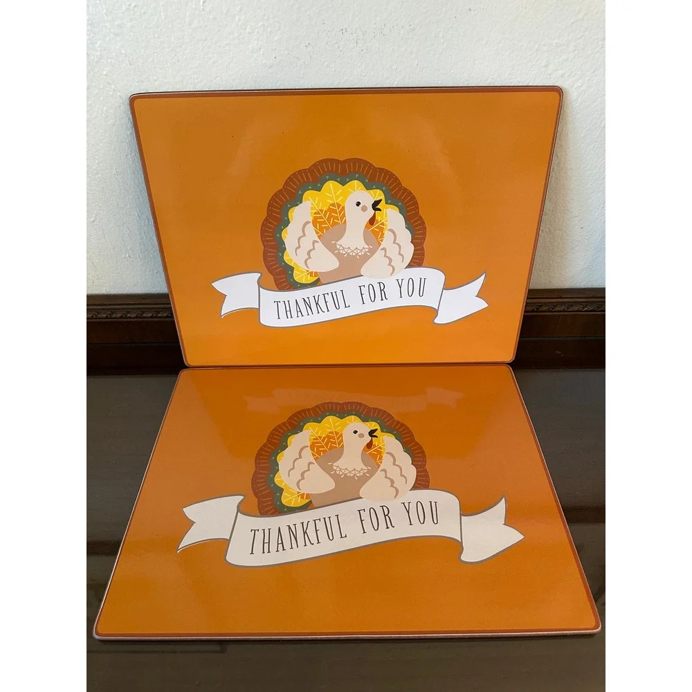 Pottery Barn Kids Thanksgiving Turkey Cork Back Placemats Set of 2 Orange 15x11